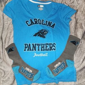 Official Carolina Panthers fan apparel, including a women's t-shirt and a Socks